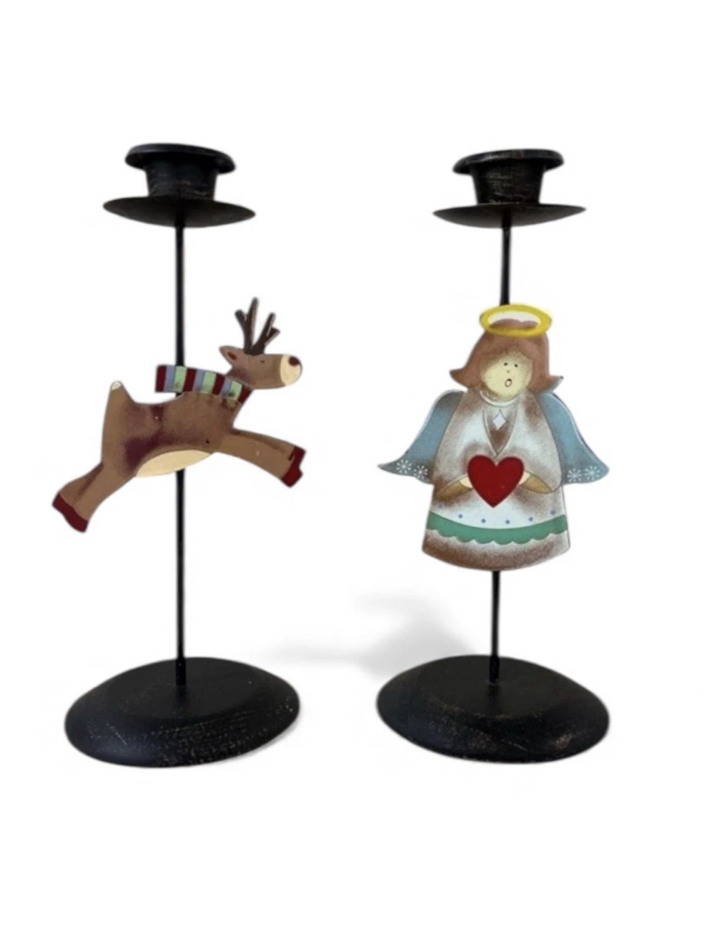 Vtg Metal Christmas Candle Holder Set Taper Reindeer & Angel Holiday Decor